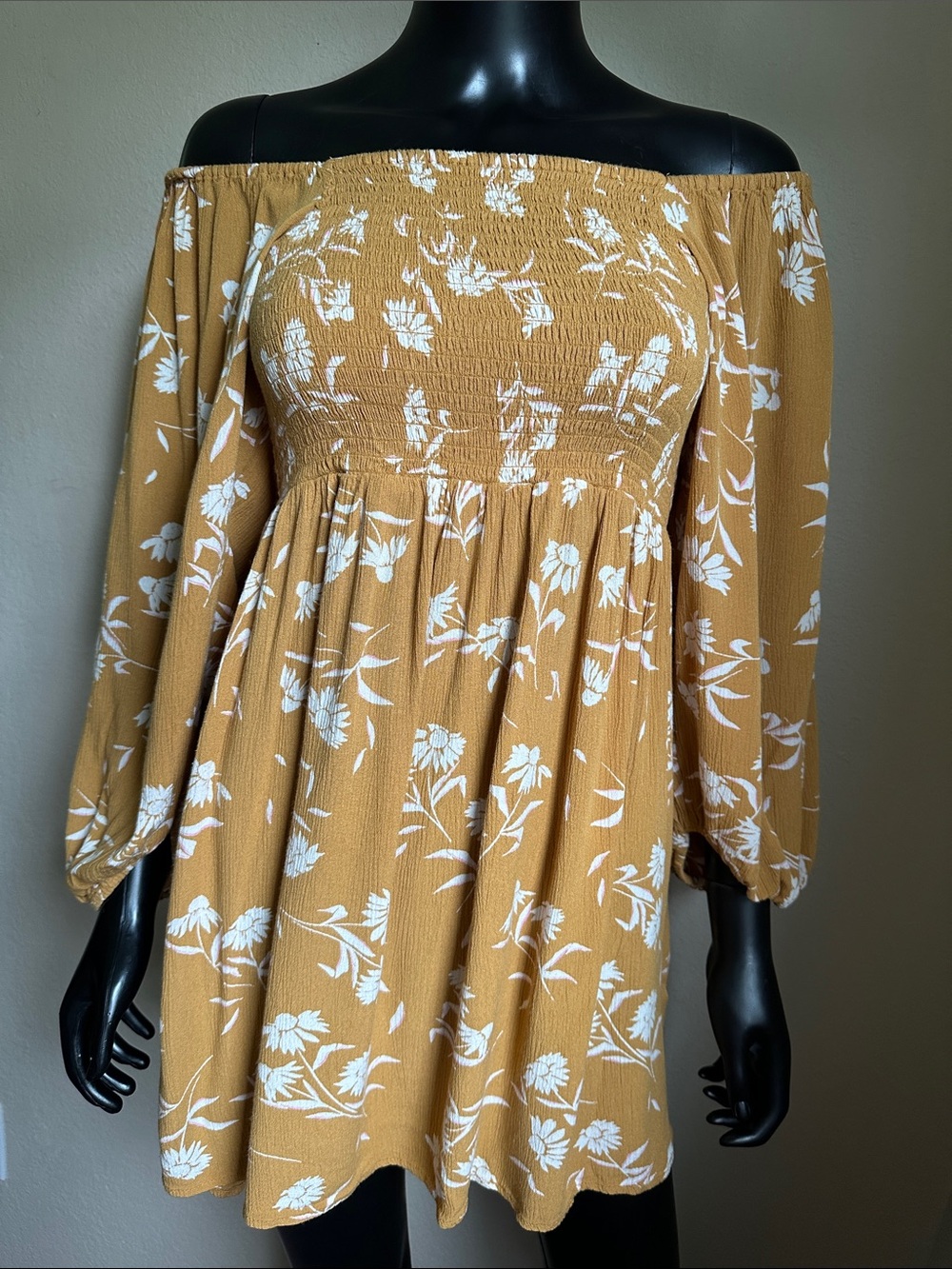Billabong Mustard Floral Smocked Long-Sleeve Midi Dress